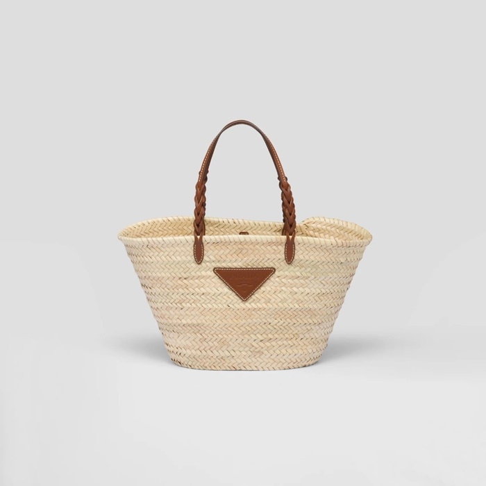 프라다 우븐 팜 레더 토트백 베이지 꼬냑 1BG314 - Prada Woven Palm and Leather Tote Bag Beige Cognac
